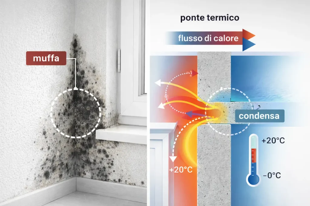 Schema che mostra un esempio di ponte termico su una parete di casa