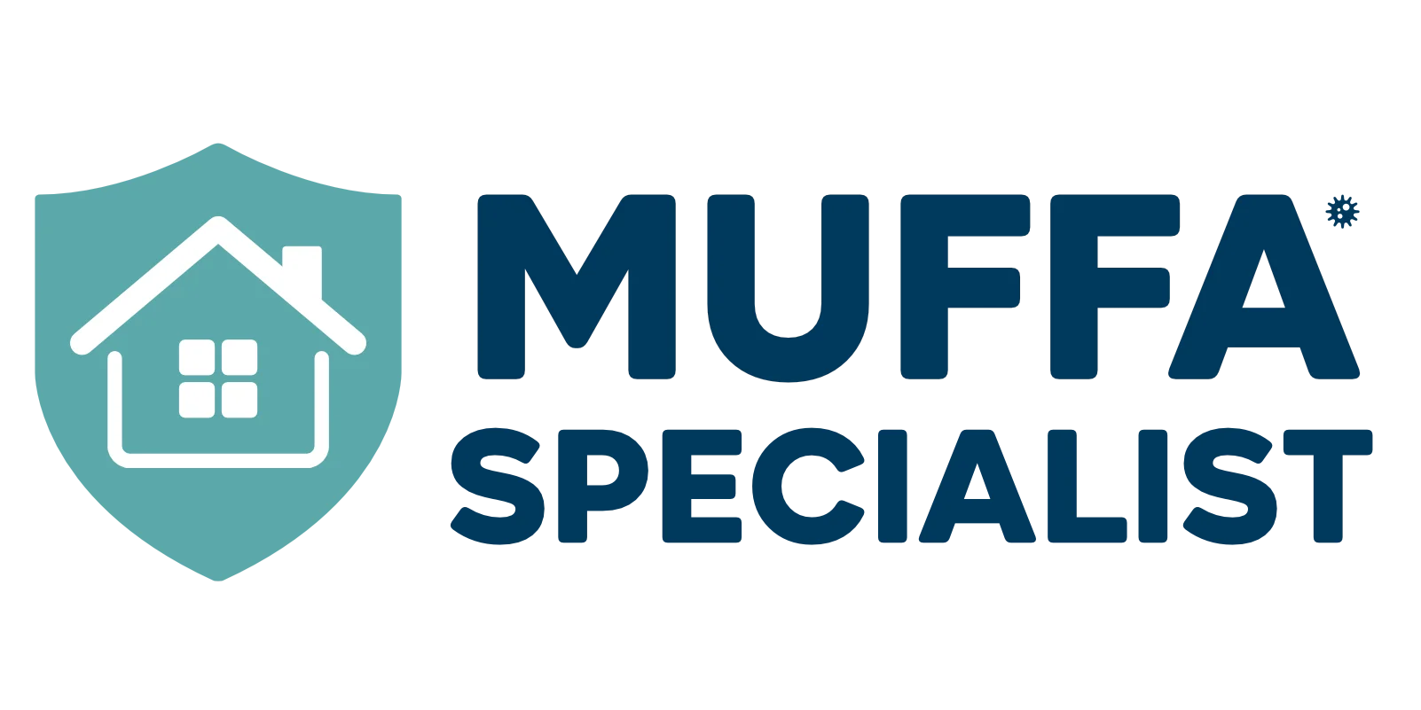 Logo "Muffa Specialist": Scudetto azzurro con casa stilizzata al centro e scritta blu "Muffa Specialist"