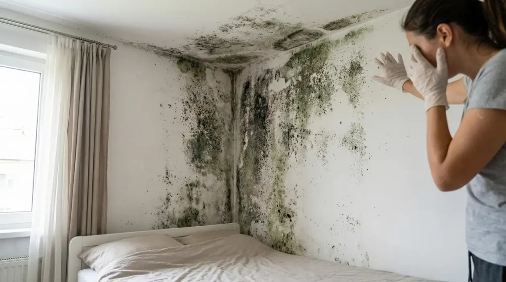 Una donna disperata per l'eccessiva muffa presente in camera da letto