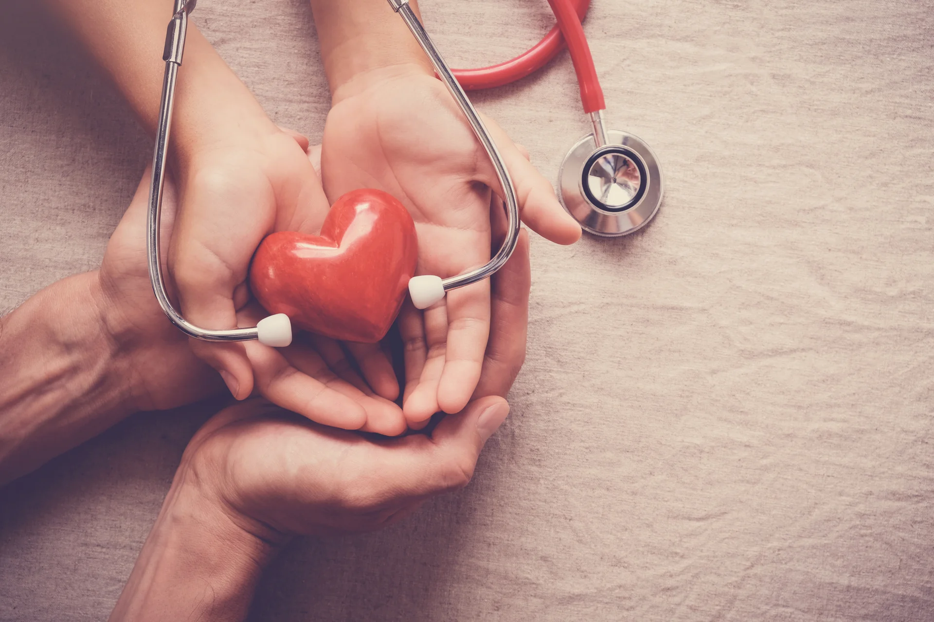 Due persone che tengono in mano uno stetoscopio e un cuore di porcellana