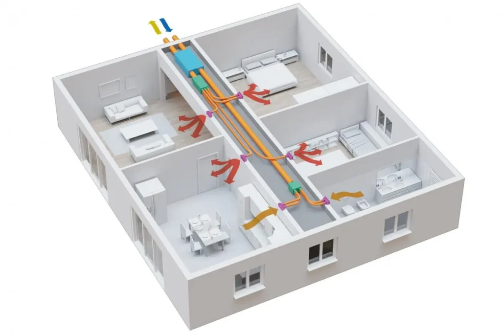 Schematizzazione di un tipico impianto VMC installato in una casa