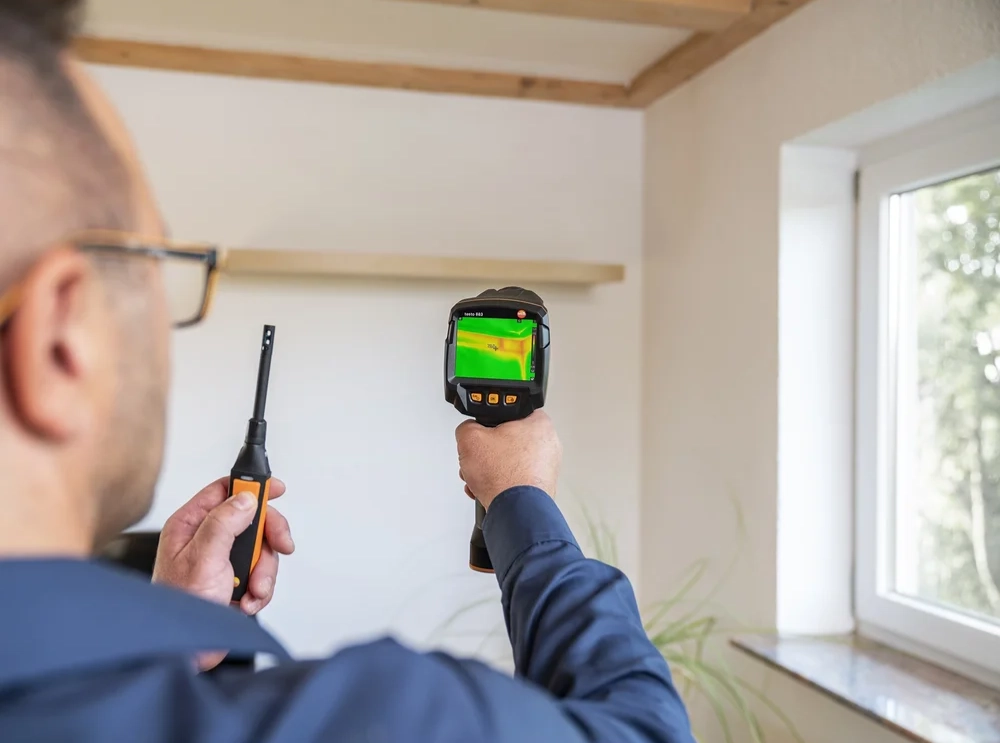 Tecnico certificato Muffa Specialist che misura i livelli di umidità da ponti termici con strumentazione professionale termica